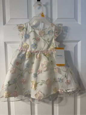Rare Editions Ivory Dress with Pink and Green Floral Embroidery